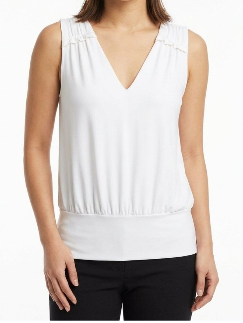 White House Black WHBM Women's Cream Stretch Rib Tank Top Blouse Sz M